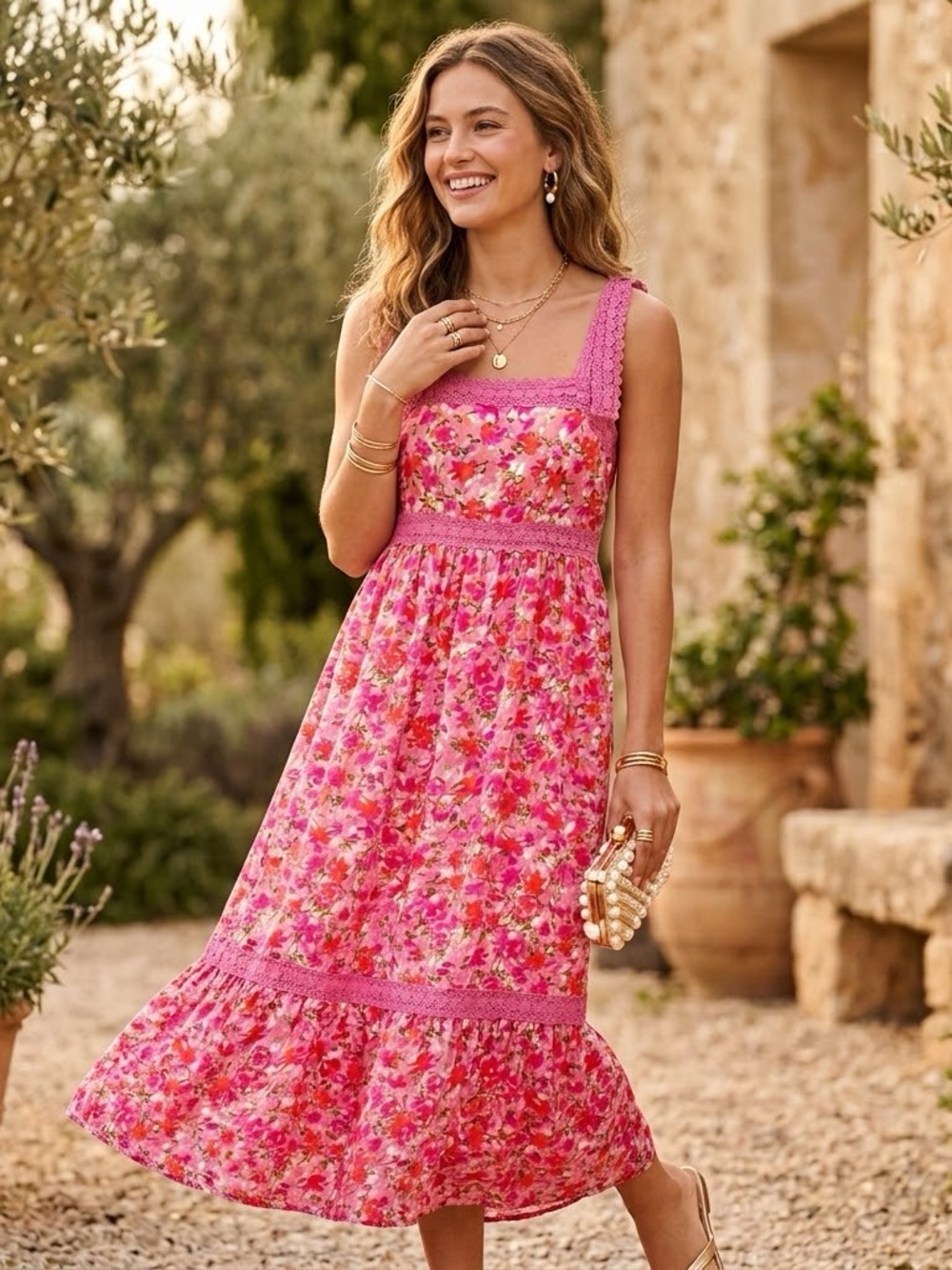 Pink Floral Crochet-Trim Midi Sundress